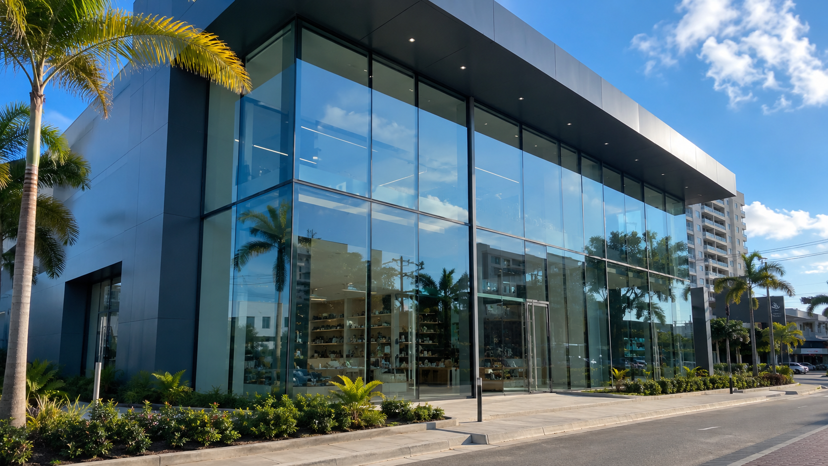 Fachada comercial en vidrio templado